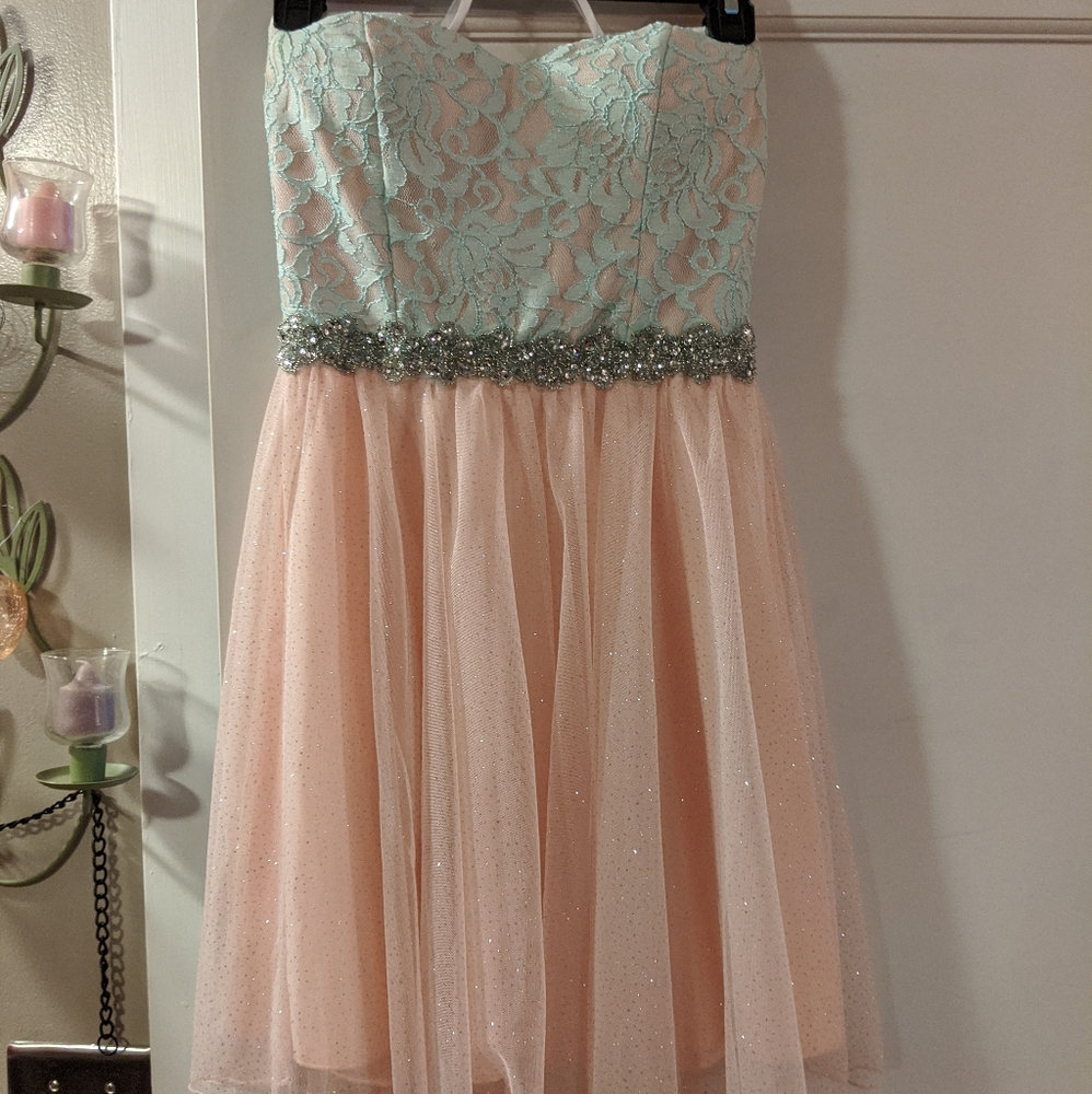 Pink and teal mini strapless formal dress